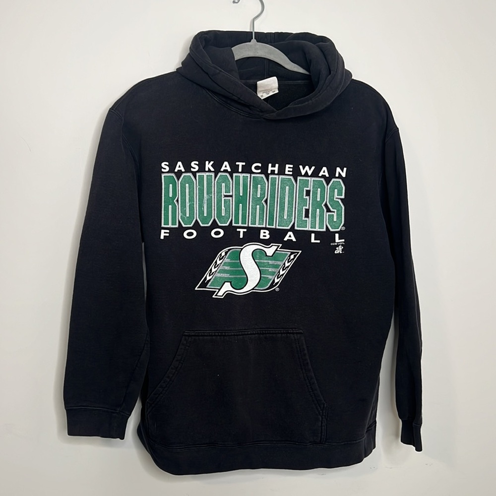 Well worn Saskatchewan Roughriders football hoodie, CFL black size XL